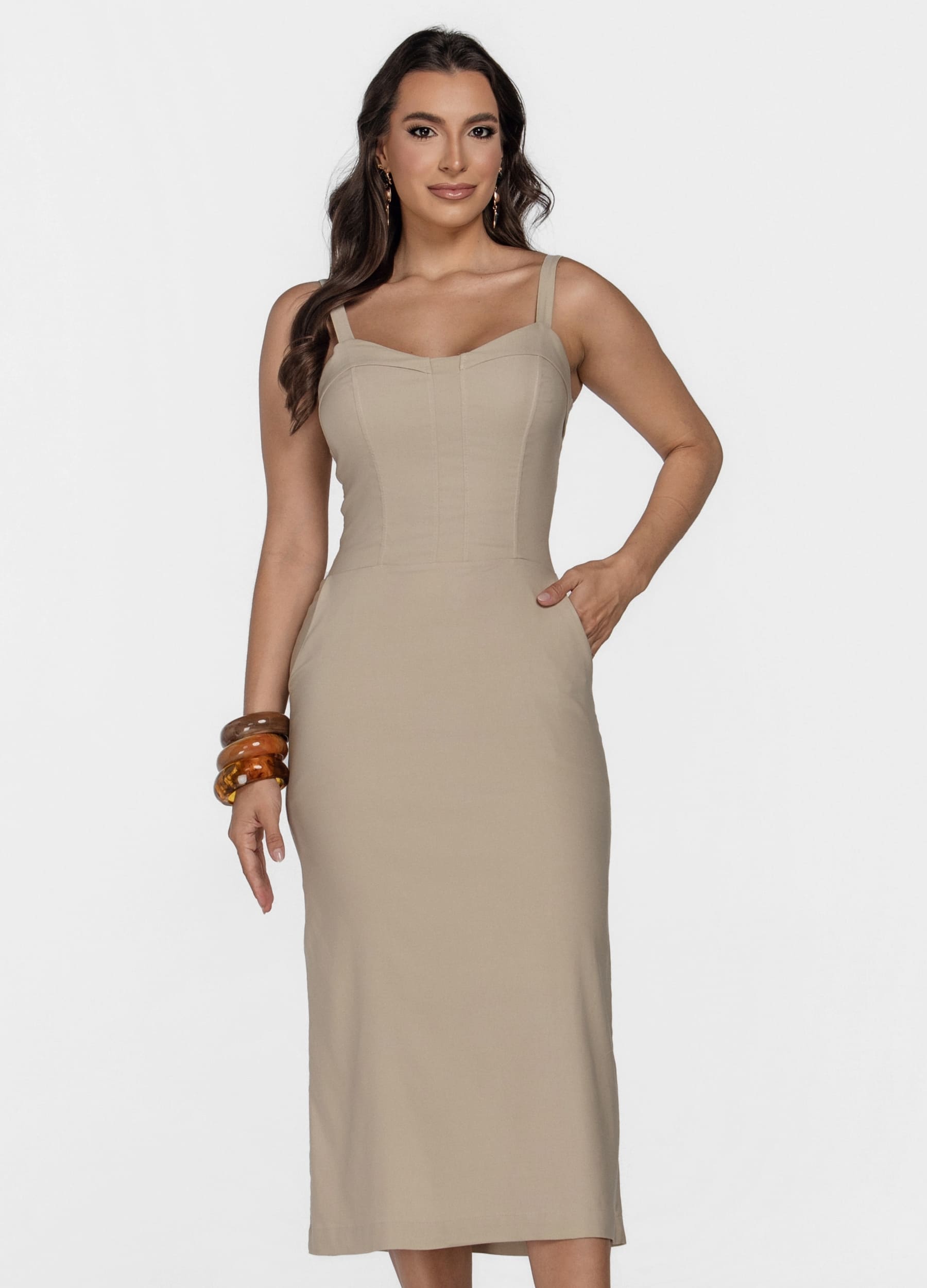 VESTIDO MIDI COM PALA NO DECOTE E BOLSO 