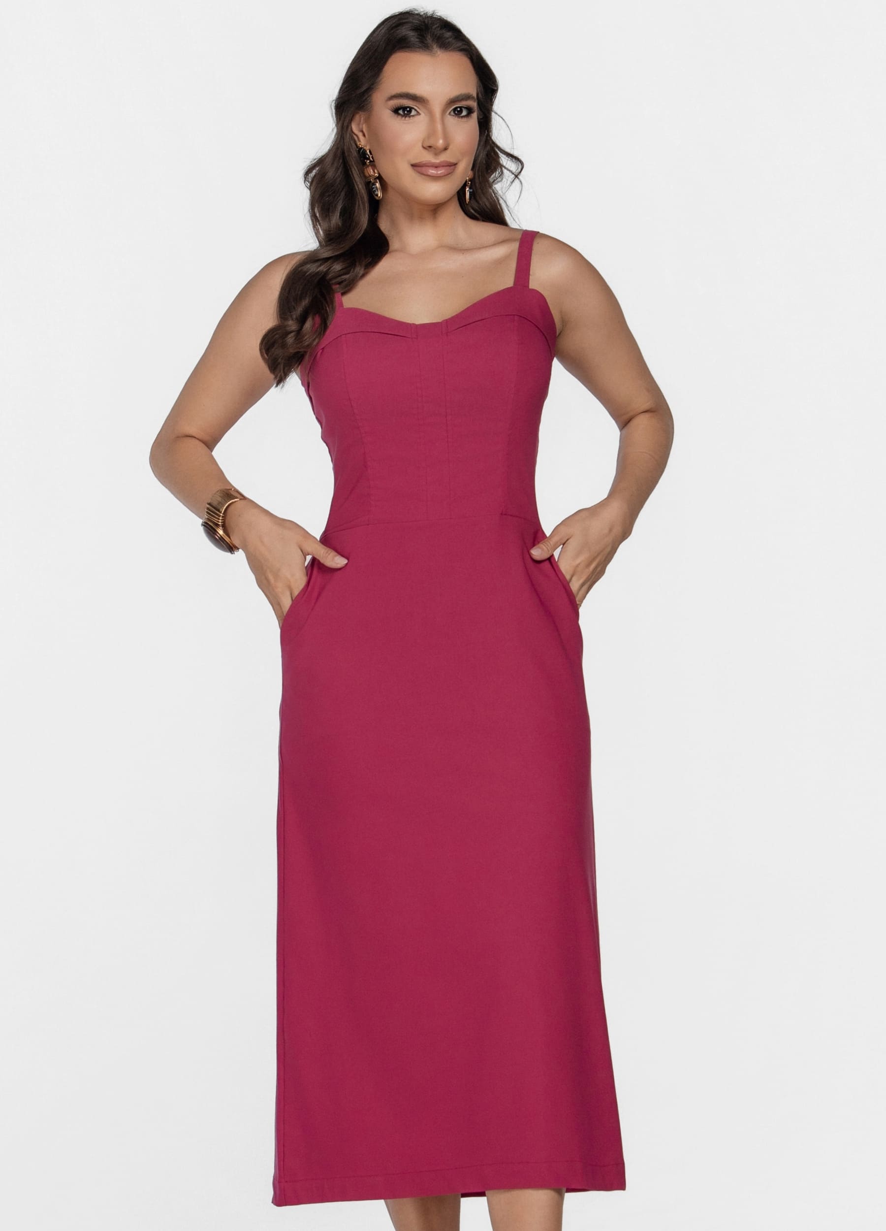 VESTIDO MIDI COM PALA NO DECOTE E BOLSO 