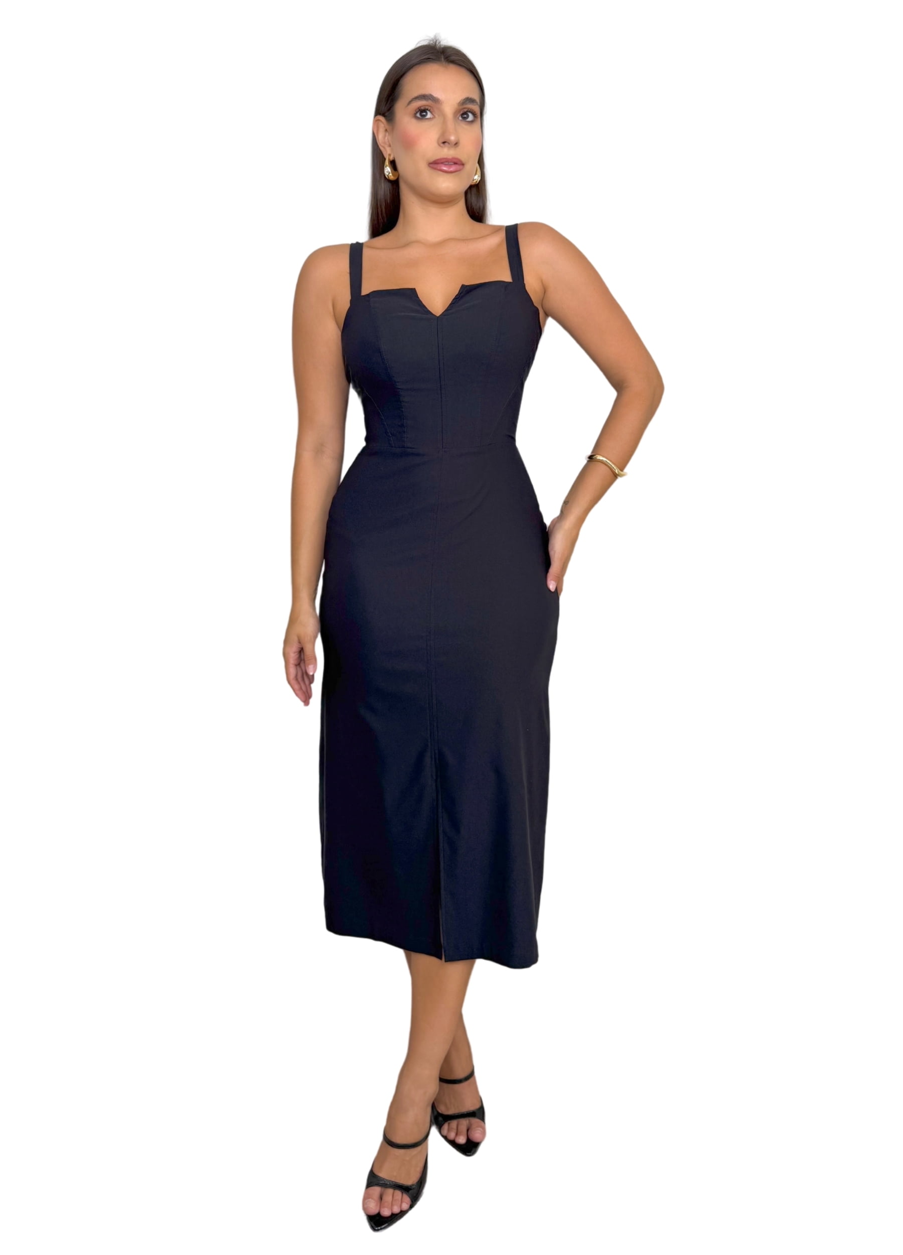 VESTIDO MIDI COM RECORTES E ABERTURA NO DECOTE