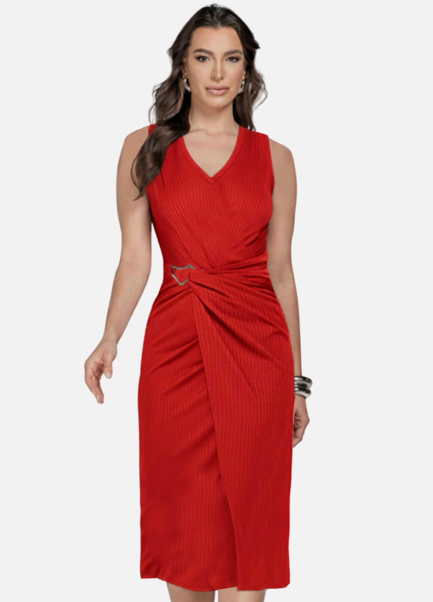 VESTIDO MIDI LUIZA CANELADO COM FIVELA 