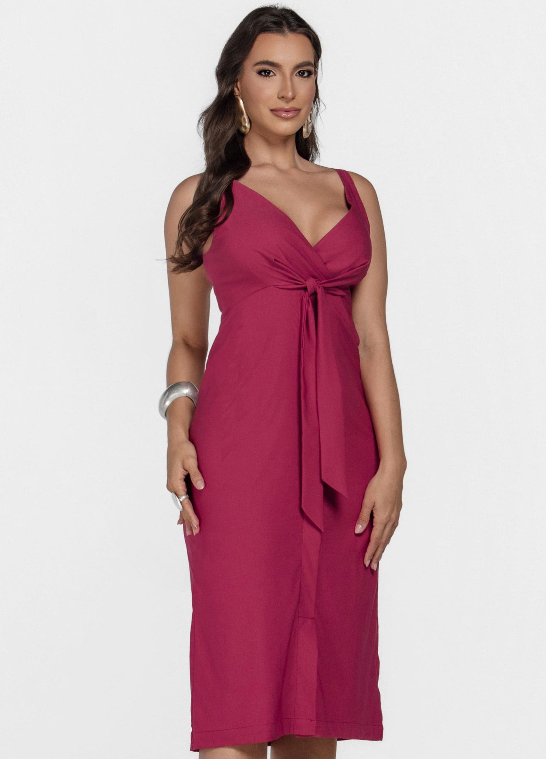 VESTIDO MIDI MARINA COM DECOTE TRESPASSADO E AMARRAÇÃO 